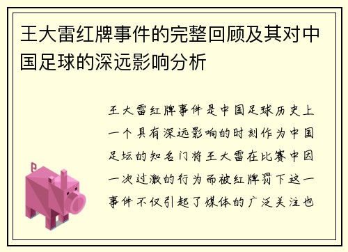 王大雷红牌事件的完整回顾及其对中国足球的深远影响分析