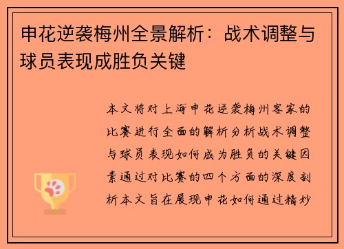申花逆袭梅州全景解析：战术调整与球员表现成胜负关键